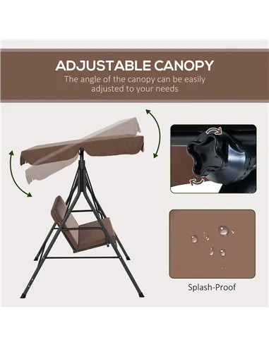 Outsunny 3 Seater Garden Swing Chair, Outdoor Swing Chair with Adjustable Canopy, Mental Frame & Cushions, Brown