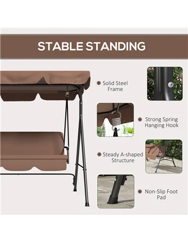 Outsunny 3 Seater Garden Swing Chair, Outdoor Swing Chair with Adjustable Canopy, Mental Frame & Cushions, Brown