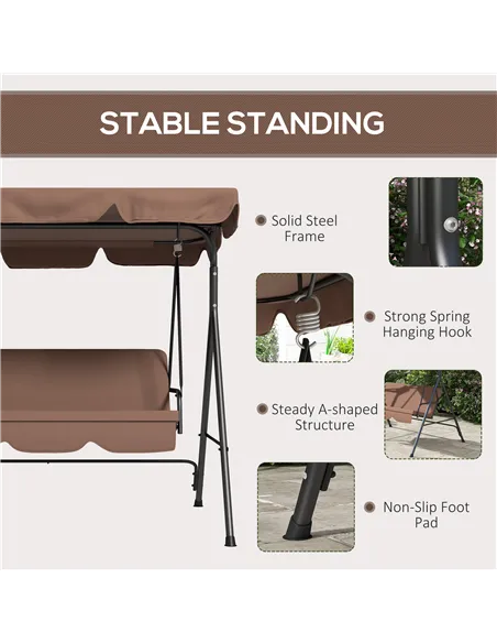Outsunny 3 Seater Garden Swing Chair, Outdoor Swing Chair with Adjustable Canopy, Mental Frame & Cushions, Brown