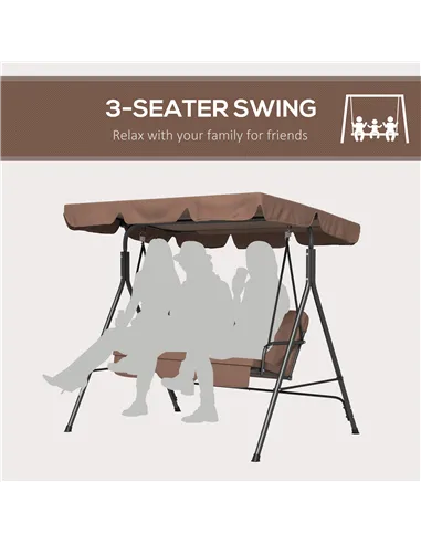 Outsunny 3 Seater Garden Swing Chair, Outdoor Swing Chair with Adjustable Canopy, Mental Frame & Cushions, Brown