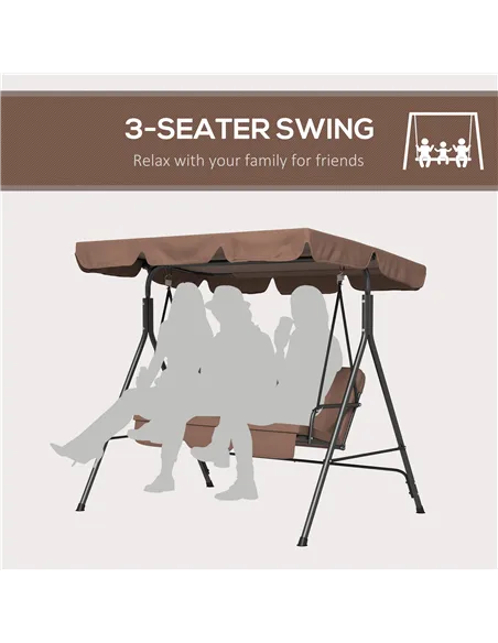 Outsunny 3 Seater Garden Swing Chair, Outdoor Swing Chair with Adjustable Canopy, Mental Frame & Cushions, Brown