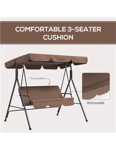 Outsunny 3 Seater Garden Swing Chair, Outdoor Swing Chair with Adjustable Canopy, Mental Frame & Cushions, Brown