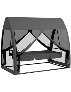 Outsunny Three-Seater Convertible Swing Chair/Bed, with Curtained Canopy - Grey