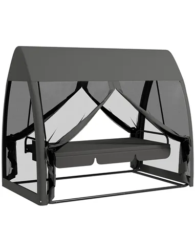 Outsunny Three-Seater Convertible Swing Chair/Bed, with Curtained Canopy - Grey