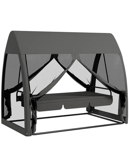 Outsunny Three-Seater Convertible Swing Chair/Bed, with Curtained Canopy - Grey