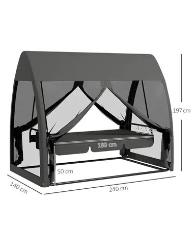 Outsunny Three-Seater Convertible Swing Chair/Bed, with Curtained Canopy - Grey