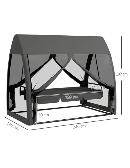 Outsunny Three-Seater Convertible Swing Chair/Bed, with Curtained Canopy - Grey