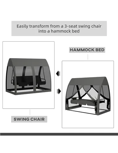 Outsunny Three-Seater Convertible Swing Chair/Bed, with Curtained Canopy - Grey
