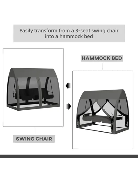 Outsunny Three-Seater Convertible Swing Chair/Bed, with Curtained Canopy - Grey