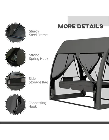 Outsunny Three-Seater Convertible Swing Chair/Bed, with Curtained Canopy - Grey