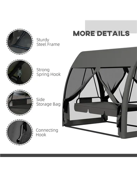Outsunny Three-Seater Convertible Swing Chair/Bed, with Curtained Canopy - Grey