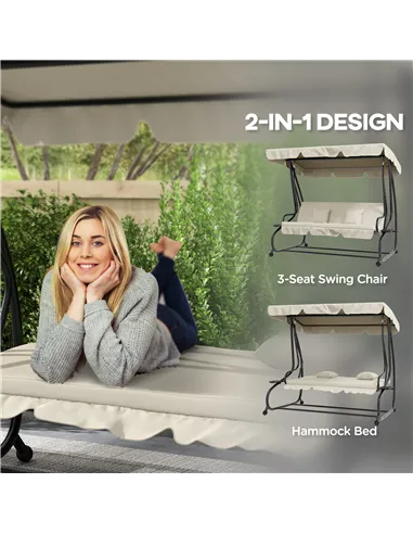 Outsunny Convertible Three-Seater Swing Chair Bed - Cream