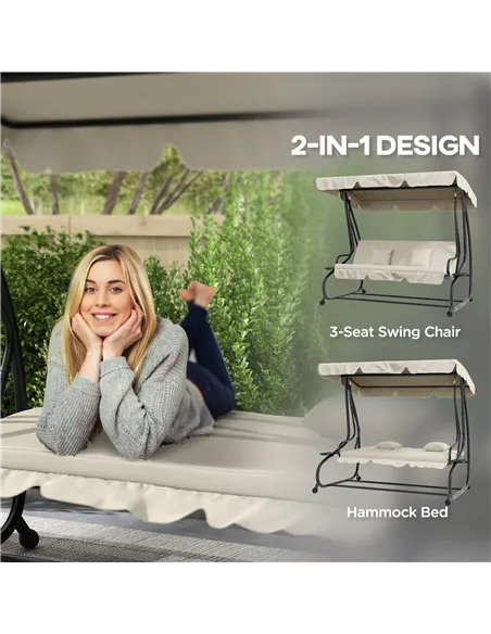 Outsunny Convertible Three-Seater Swing Chair Bed - Cream