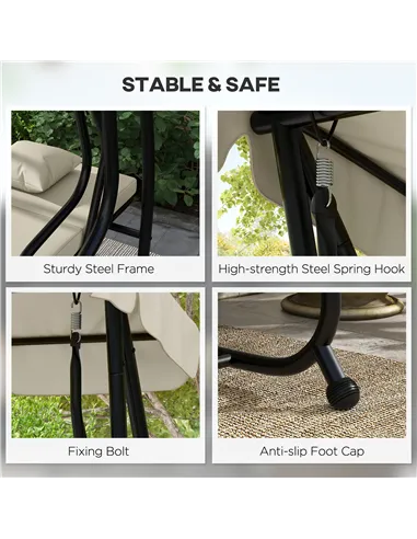 Outsunny Convertible Three-Seater Swing Chair Bed - Cream