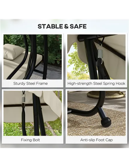 Outsunny Convertible Three-Seater Swing Chair Bed - Cream