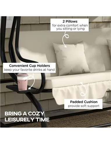 Outsunny Convertible Three-Seater Swing Chair Bed - Cream