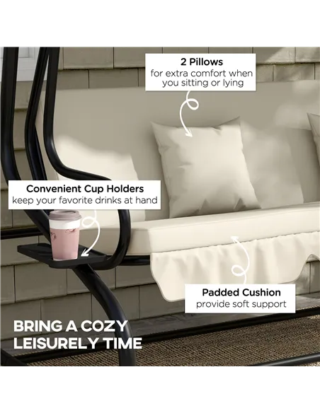 Outsunny Convertible Three-Seater Swing Chair Bed - Cream