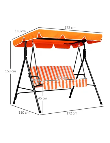 Outsunny 3 Seater Garden Swing Chair, Outdoor Swing Chair with Adjustable Canopy, Mental Frame & Cushions, Orange