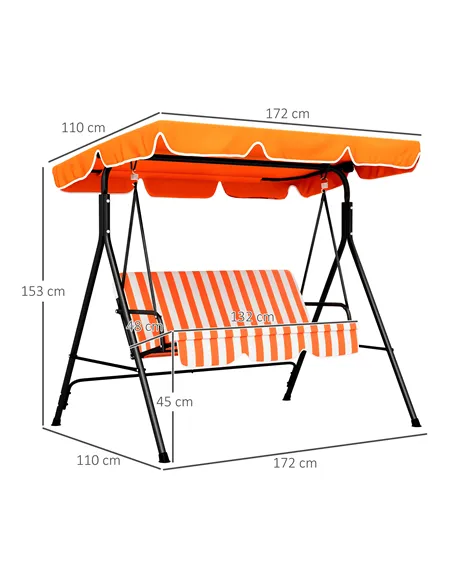 Outsunny 3 Seater Garden Swing Chair, Outdoor Swing Chair with Adjustable Canopy, Mental Frame & Cushions, Orange