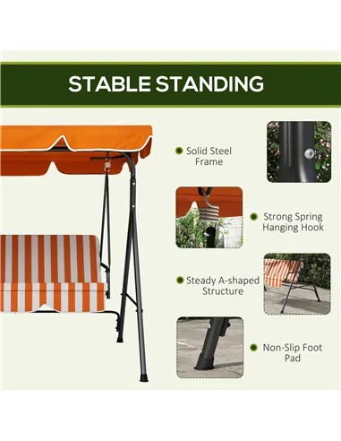 Outsunny 3 Seater Garden Swing Chair, Outdoor Swing Chair with Adjustable Canopy, Mental Frame & Cushions, Orange