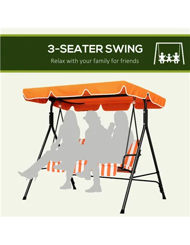 Outsunny 3 Seater Garden Swing Chair, Outdoor Swing Chair with Adjustable Canopy, Mental Frame & Cushions, Orange