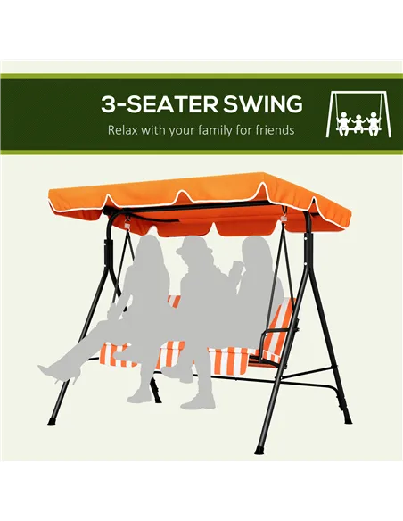 Outsunny 3 Seater Garden Swing Chair, Outdoor Swing Chair with Adjustable Canopy, Mental Frame & Cushions, Orange