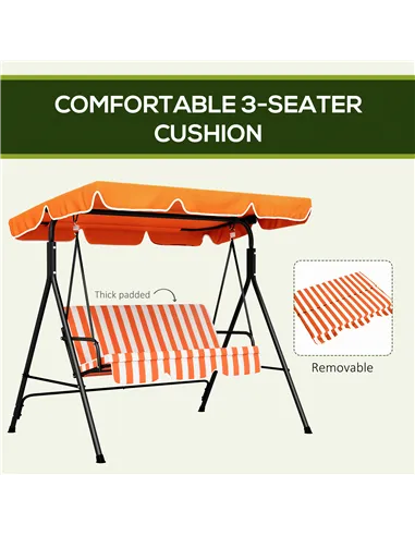 Outsunny 3 Seater Garden Swing Chair, Outdoor Swing Chair with Adjustable Canopy, Mental Frame & Cushions, Orange