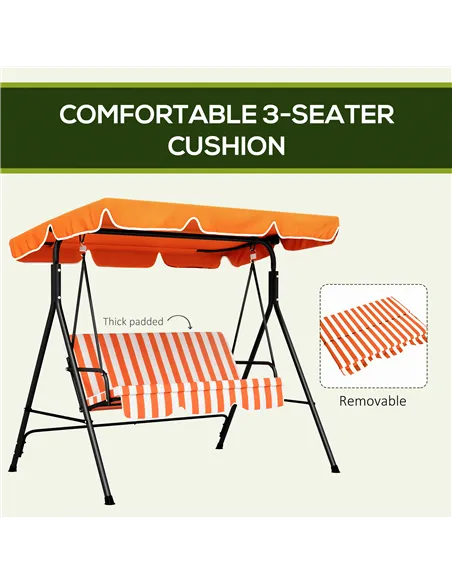 Outsunny 3 Seater Garden Swing Chair, Outdoor Swing Chair with Adjustable Canopy, Mental Frame & Cushions, Orange