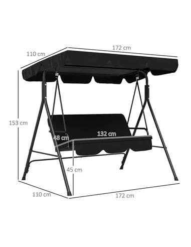 Outsunny Three-Seater Garden Swing Chair, with Adjustable Canopy - Black