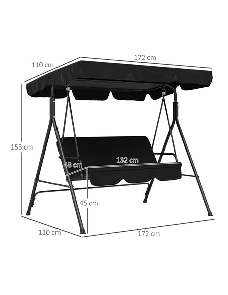 Outsunny Three-Seater Garden Swing Chair, with Adjustable Canopy - Black