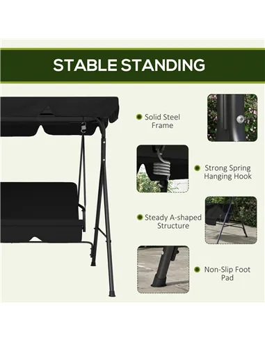 Outsunny Three-Seater Garden Swing Chair, with Adjustable Canopy - Black