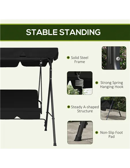 Outsunny Three-Seater Garden Swing Chair, with Adjustable Canopy - Black