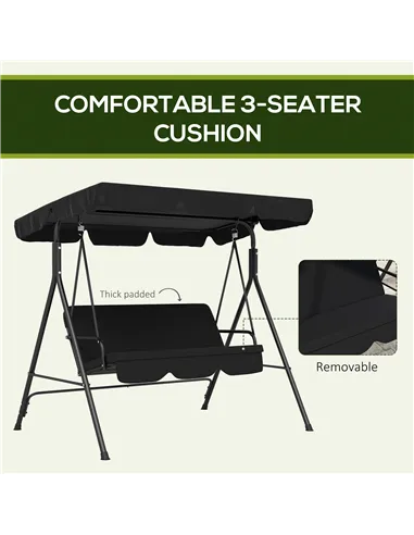 Outsunny Three-Seater Garden Swing Chair, with Adjustable Canopy - Black
