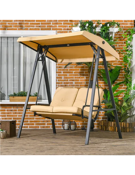 Outsunny Two-Seater Garden Swing Bench, with Adjustable Canopy - Beige