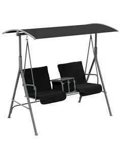 Outsunny 2 Seater Garden Swing Chair Patio Rocking Bench w/ Tilting Canopy, Double Padded Seats, Storage Bag and Tray, Black