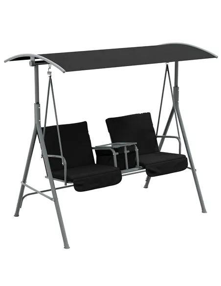 Outsunny 2 Seater Garden Swing Chair Patio Rocking Bench w/ Tilting Canopy, Double Padded Seats, Storage Bag and Tray, Black