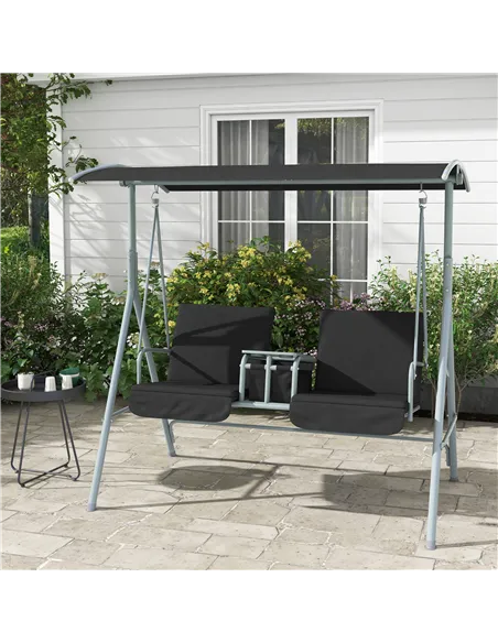 Outsunny 2 Seater Garden Swing Chair Patio Rocking Bench w/ Tilting Canopy, Double Padded Seats, Storage Bag and Tray, Black