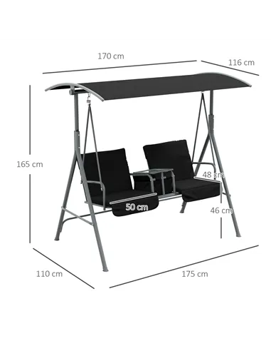 Outsunny 2 Seater Garden Swing Chair Patio Rocking Bench w/ Tilting Canopy, Double Padded Seats, Storage Bag and Tray, Black