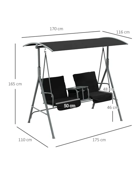 Outsunny 2 Seater Garden Swing Chair Patio Rocking Bench w/ Tilting Canopy, Double Padded Seats, Storage Bag and Tray, Black