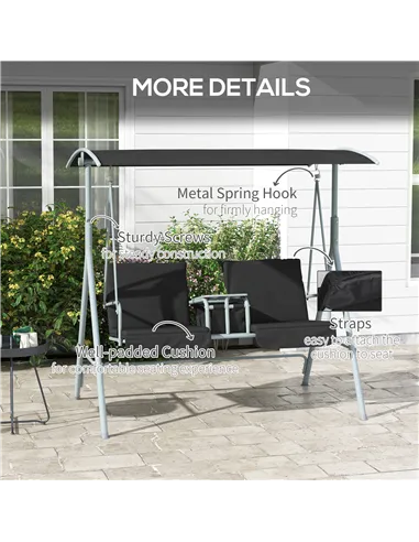 Outsunny 2 Seater Garden Swing Chair Patio Rocking Bench w/ Tilting Canopy, Double Padded Seats, Storage Bag and Tray, Black