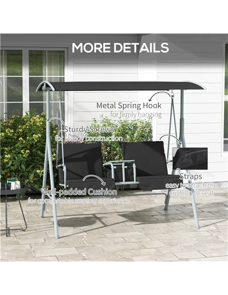Outsunny 2 Seater Garden Swing Chair Patio Rocking Bench w/ Tilting Canopy, Double Padded Seats, Storage Bag and Tray, Black