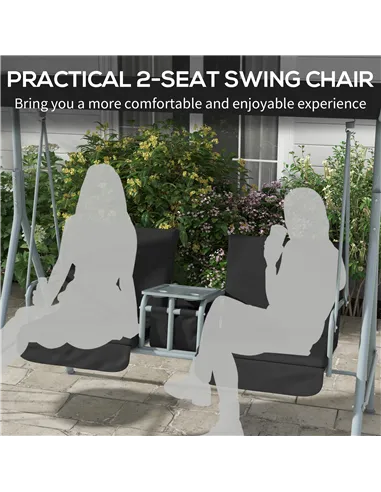 Outsunny 2 Seater Garden Swing Chair Patio Rocking Bench w/ Tilting Canopy, Double Padded Seats, Storage Bag and Tray, Black