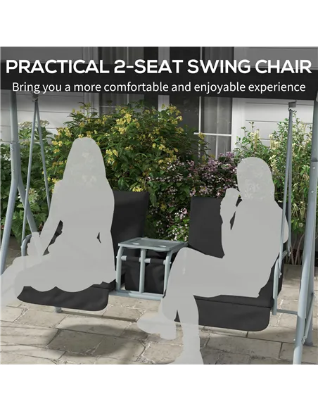 Outsunny 2 Seater Garden Swing Chair Patio Rocking Bench w/ Tilting Canopy, Double Padded Seats, Storage Bag and Tray, Black