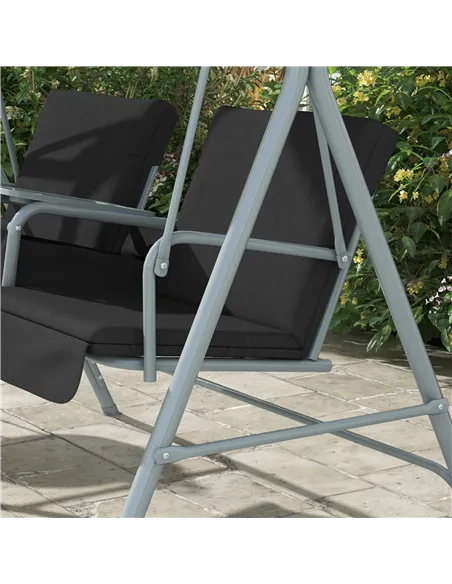 Outsunny 2 Seater Garden Swing Chair Patio Rocking Bench w/ Tilting Canopy, Double Padded Seats, Storage Bag and Tray, Black