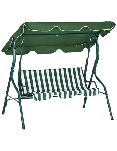 Outsunny 3 Seater Garden Swing Seat Chair Outdoor Bench with Adjustable Canopy and Metal Frame, Green Stripes