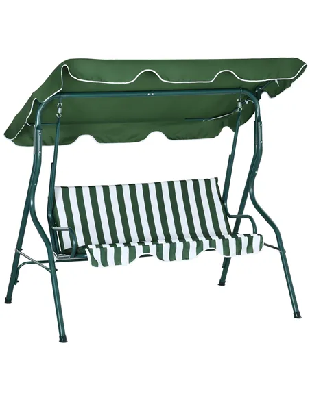 Outsunny 3 Seater Garden Swing Seat Chair Outdoor Bench with Adjustable Canopy and Metal Frame, Green Stripes