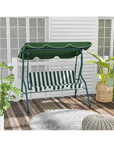 Outsunny 3 Seater Garden Swing Seat Chair Outdoor Bench with Adjustable Canopy and Metal Frame, Green Stripes
