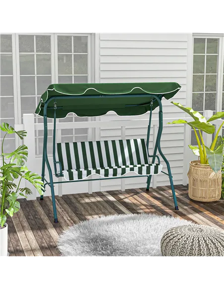 Outsunny 3 Seater Garden Swing Seat Chair Outdoor Bench with Adjustable Canopy and Metal Frame, Green Stripes