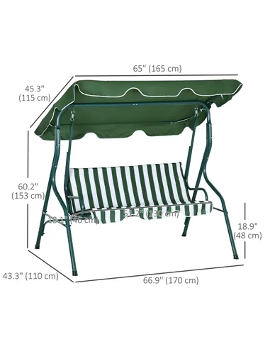 Outsunny 3 Seater Garden Swing Seat Chair Outdoor Bench with Adjustable Canopy and Metal Frame, Green Stripes
