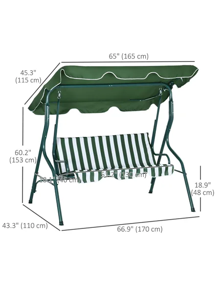 Outsunny 3 Seater Garden Swing Seat Chair Outdoor Bench with Adjustable Canopy and Metal Frame, Green Stripes